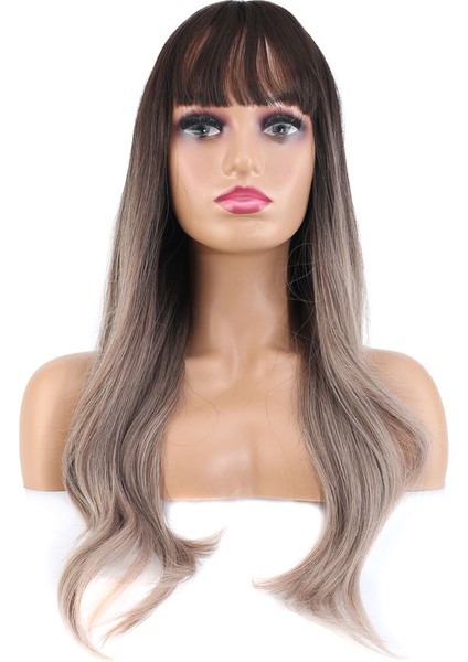 Doğal Dalgalı Perçemli Fiber Sentetik Uzun Boy Peruk / Koyu Kumral / Rus Kumralı Ombre Ve