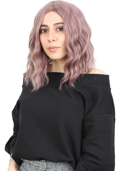 Fiber Sentetik Kısa Dalgalı Perçemsiz Peruk / Gül Kurusu