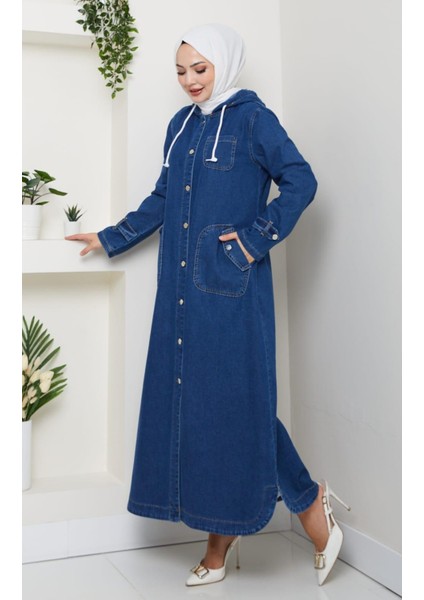 Kadın Cepli Düğmeli Kapüşonlu Denim Koyu Mavi Trençkot