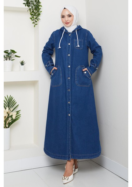 Kadın Cepli Düğmeli Kapüşonlu Denim Koyu Mavi Trençkot fiyatları