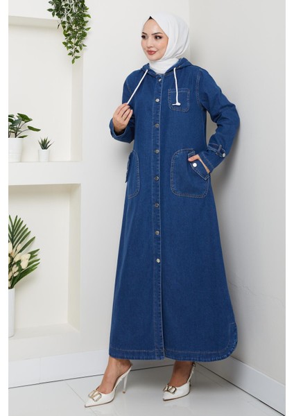 Kadın Cepli Düğmeli Kapüşonlu Denim Koyu Mavi Trençkot modelleri