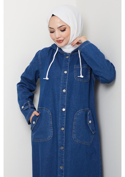 Kadın Cepli Düğmeli Kapüşonlu Denim Koyu Mavi Trençkot fırsatları