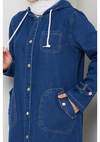Kadın Cepli Düğmeli Kapüşonlu Denim Koyu Mavi Trençkot indirimleri
