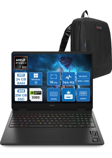 Omen Gaming Laptop Amd Ryzen™ Aı 7 350 24GB Ddr5 256GB SSD 8GB/RTX5060 Gddr7 16" 144 Hz, IPS 300 Nits IPS 2k (1920 x 1200 WIN11PRO Gaming BILG.BL6W4EAP01+ZETTAÇANTA
