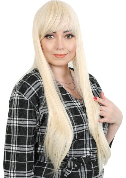 Fiber Sentetik Uzun Düz Kahküllü Peruk / Platin