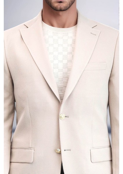 Bej Kendinden Desenli Örme Altın Renk Metal Düğmeli Slim Fit Erkek Blazer Ceket - Wessi fiyatları