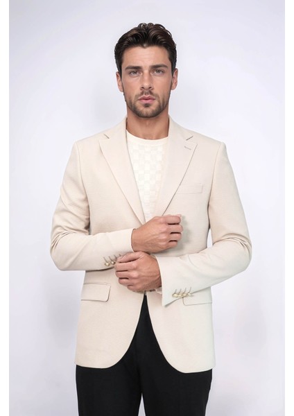 Bej Kendinden Desenli Örme Altın Renk Metal Düğmeli Slim Fit Erkek Blazer Ceket - Wessi modelleri