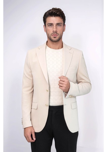 Bej Kendinden Desenli Örme Altın Renk Metal Düğmeli Slim Fit Erkek Blazer Ceket - Wessi fırsatları