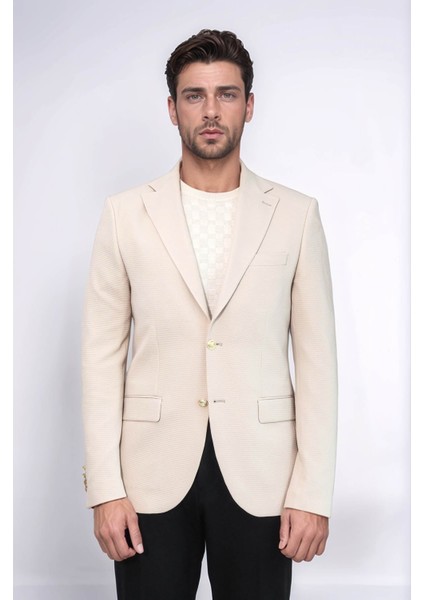 Bej Kendinden Desenli Örme Altın Renk Metal Düğmeli Slim Fit Erkek Blazer Ceket - Wessi
