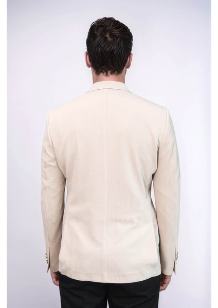 Bej Kendinden Desenli Örme Altın Renk Metal Düğmeli Slim Fit Erkek Blazer Ceket - Wessi