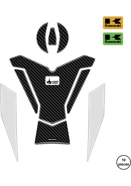 Kawasaki Zx-6r 2025 ile Uyumlu Kaydırmaz 6d Karbon ve Şeffaf 10 Parça Tank Pad Seti GC68 (Siyah Motor)