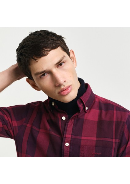 Erkek Bordo Regular Fit Düğmeli Yaka Kareli Gömlek modelleri