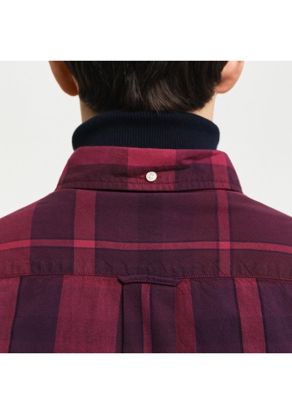 Erkek Bordo Regular Fit Düğmeli Yaka Kareli Gömlek