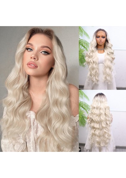 Kumral Beyaz Platin Ombreli Ekstra Uzun Fiber Sentetik Dalgalı Tül Peruk