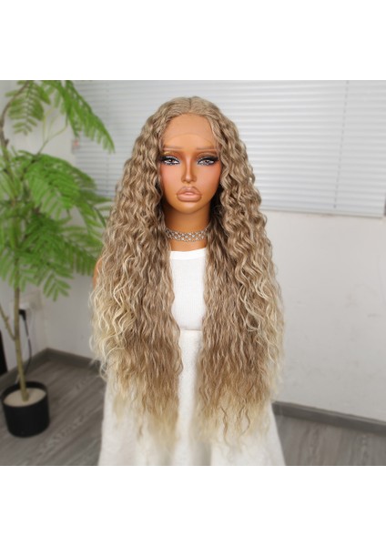 Yoğun Dalga Kumral Platin Röfleli Fiber Sentetik Geniş T Tül Peruk