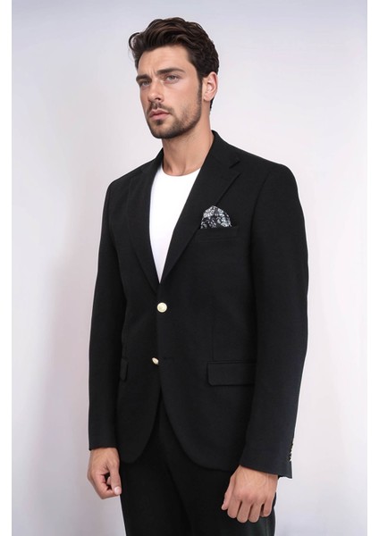 Siyah Kendinden Desenli Örme Altın Renk Metal Düğmeli Slim Fit Erkek Blazer Ceket - Wessi fırsatları