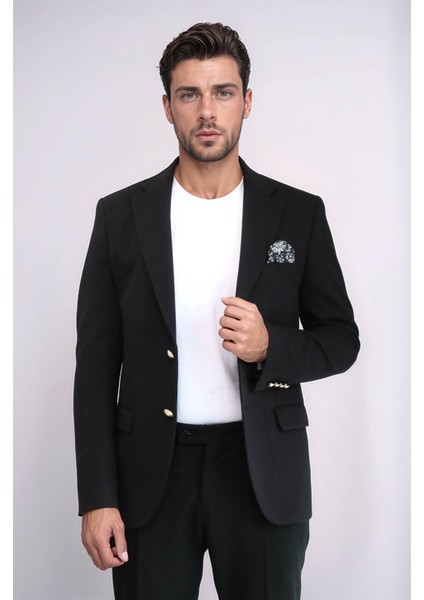 Siyah Kendinden Desenli Örme Altın Renk Metal Düğmeli Slim Fit Erkek Blazer Ceket - Wessi