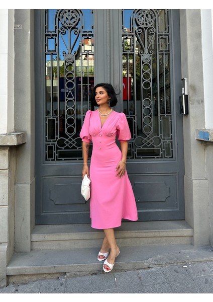 Karpuz Kol Önü Düğmeli Midi Elbise modelleri