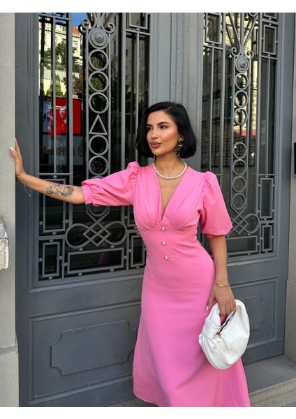 Karpuz Kol Önü Düğmeli Midi Elbise