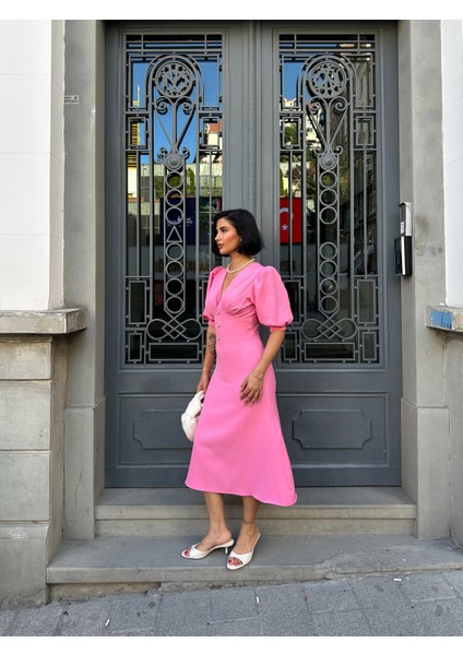 Karpuz Kol Önü Düğmeli Midi Elbise