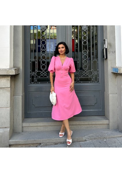 Karpuz Kol Önü Düğmeli Midi Elbise