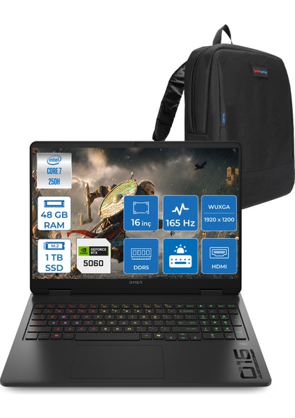 Omen Gaming Laptop Intel Core 7 250H Aı 48GB Ddr5 1tb SSD 8GB/RTX5060 Gddr7 16" 165 Hz, 3 Ms IPS 400 Nits IPS 2k (1920 x 1200 Freedos Gaming BILG.BQ9A8EAF13+ZETTAÇANTA