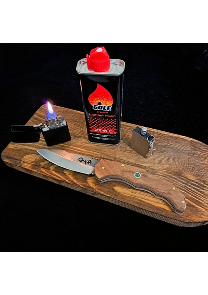 Benzinli Çakmak , Benzinli Metal Kibrit , Çakmak Benzini 127 ml , Manuel Ahşap Sap Çakı 4'lü Paket