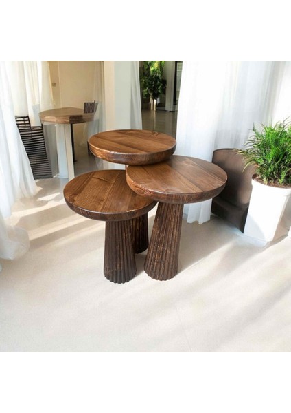 Ahşap Mantar Sehpa Takımı 3’lü – Masif Ceviz Renk Zigon Fiskos Sehpa
