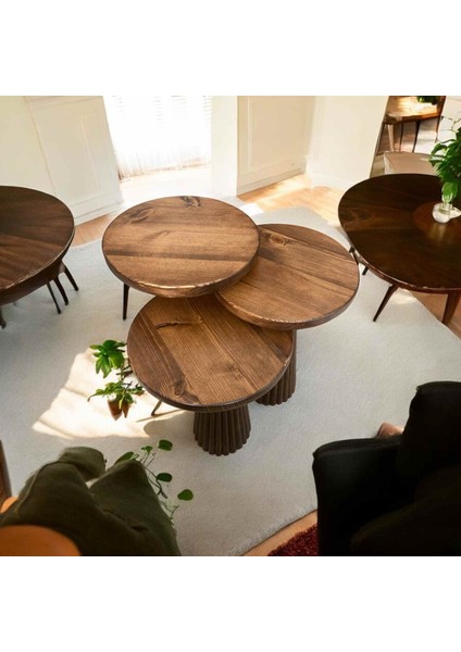 Ahşap Mantar Sehpa Takımı 3’lü – Masif Ceviz Renk Zigon Fiskos Sehpa fiyatları