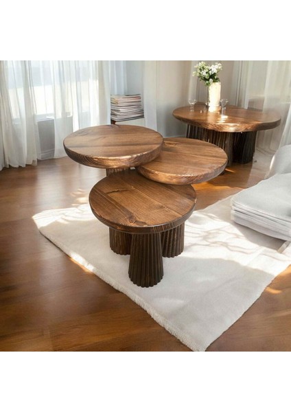 Ahşap Mantar Sehpa Takımı 3’lü – Masif Ceviz Renk Zigon Fiskos Sehpa modelleri