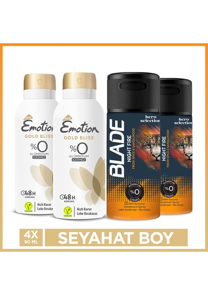 Gold Bliss Kadın Deodorant & Blade Night Fire Erkek Deodorant 4 x 90 ml Seyahat Seti