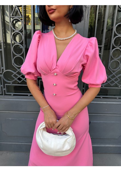 Karpuz Kol Önü Düğmeli Midi Elbise indirimleri