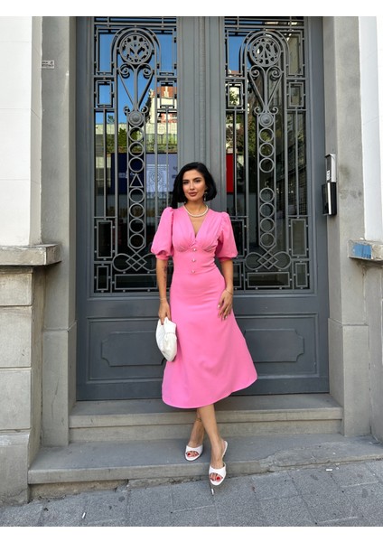 Karpuz Kol Önü Düğmeli Midi Elbise