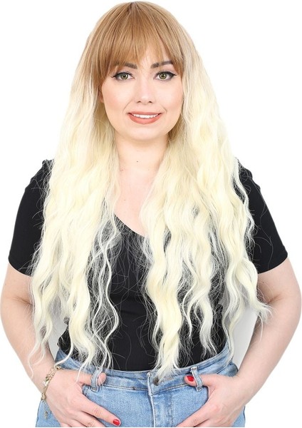 Perçemli Uzun Su Dalgası Fiber Sentetik Peruk / Balköpüğü / Platin Kısa Ombreli