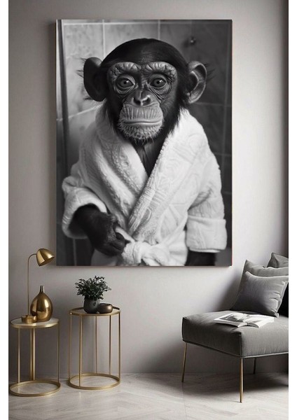 Wc Lavabo Bornozlu Komik Maymun Ev Duvar Salon Güzellik Salonu Ofis Dükkan Dekarasyon Kanvas Tablo
