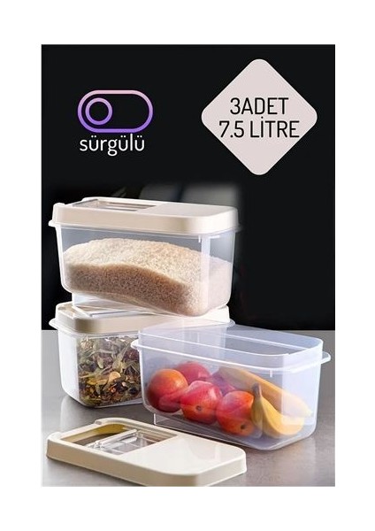 Erzak Bakliyat Saklama Kabı 3 Lü Set 7.5 Lt Krem