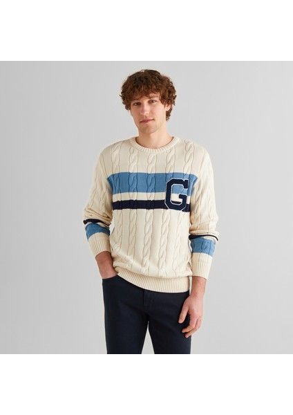 Erkek Krem Relaxed Fit Bisiklet Yaka Renk Bloklu Kazak