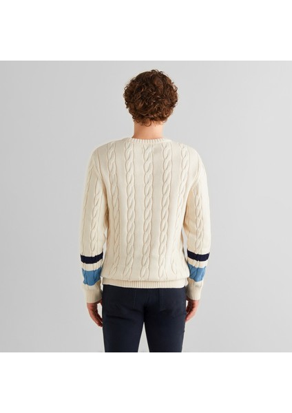 Erkek Krem Relaxed Fit Bisiklet Yaka Renk Bloklu Kazak fiyatları