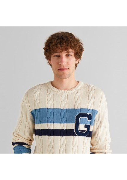 Erkek Krem Relaxed Fit Bisiklet Yaka Renk Bloklu Kazak fırsatları