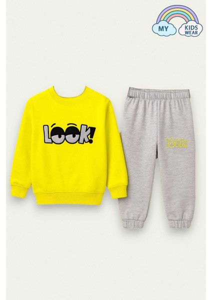 Erkek Çocuk Sweatshirt ve Eşofman Altı Takımı – Sarı Look Desenli 1-5 Yaş 12013