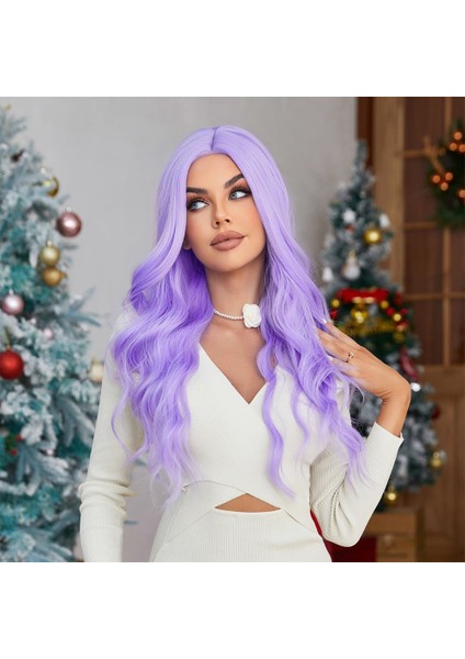 Su Dalgalı Açık Mor Tül Peruk
