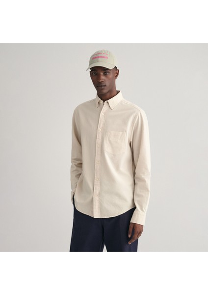 Erkek Bej Regular Fit Düğmeli Yaka Oxford Gömlek