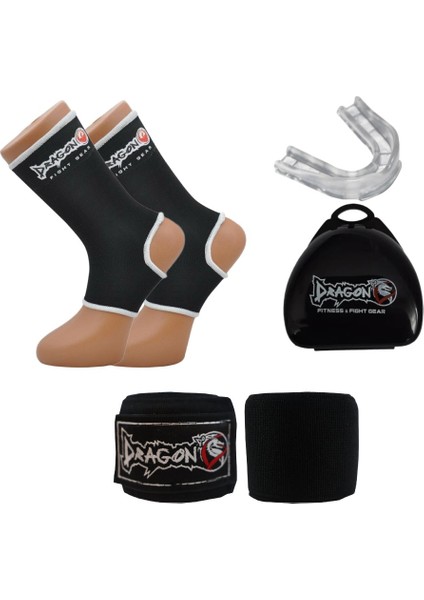 41280 Muay Thai Ayak Çorabı 3,5 Metre Siyah Bandaj ve Profesyonel Şeffaf Dişlik 3'lü Set