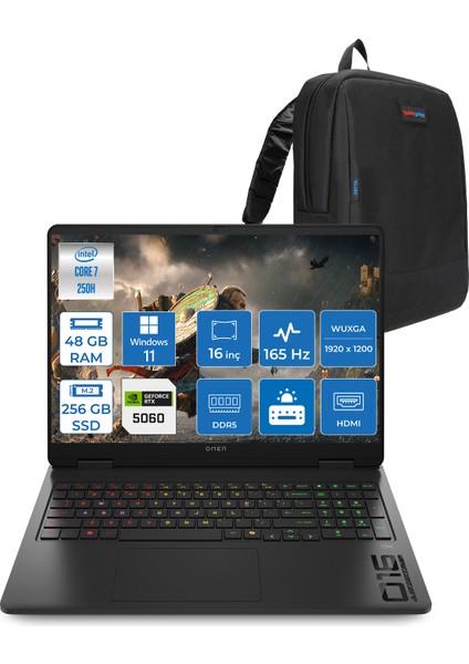 Omen Gaming Laptop Intel Core 7 250H Aı 48GB Ddr5 256GB SSD 8GB/RTX5060 Gddr7 16" 165 Hz, 3 Ms IPS 400 Nits IPS 2k (1920 x 1200 WIN11PRO Gaming BILG.BQ9A8EAP11+ZETTAÇANTA