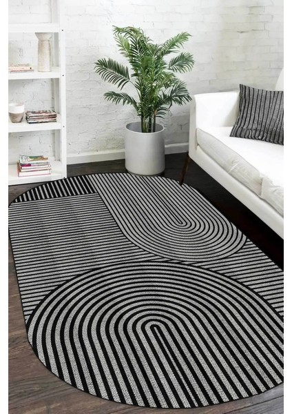 Dijital Kaymaz Yıkanabilir Iskandinav Jüt Görünümlü Oval Salon Halısı Mutfak Halısı Yolluk DC-7188 Gri Oval