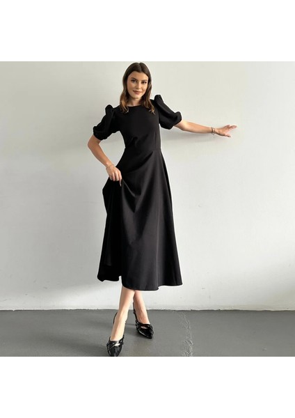 Karpuz Kollu Midi Boy Elbise