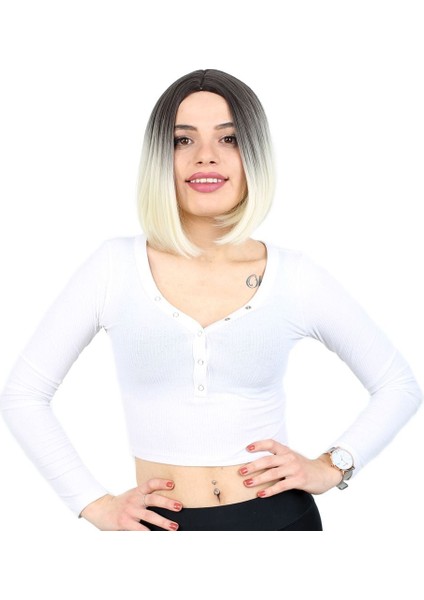 Kahkülsüz Düz Kısa Fiber Sentetik Peruk / Küllü Siyah / Platin Ombreli