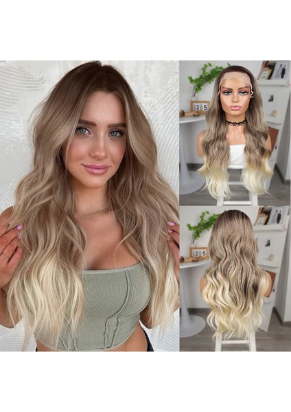 Bebek Kumralı Platin Ombre Ve Röfleli Fiber Sentetik Geniş Dalgalı Tül Peruk