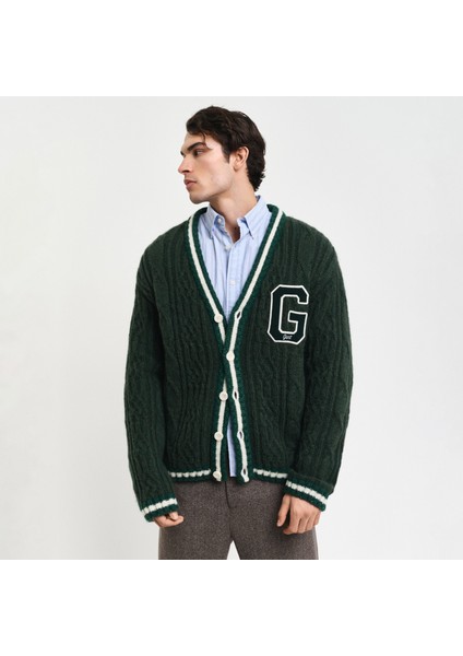 Erkek Yeşil Regular Fit Düğmeli Yaka Logolu Hırka