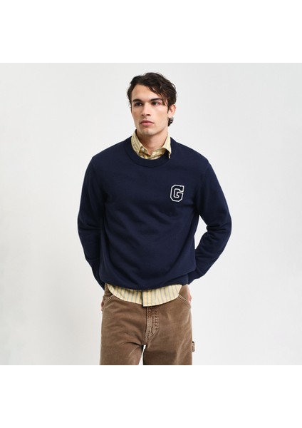 Erkek Lacivert Relaxed Fit Bisiklet Yaka Logolu Kazak